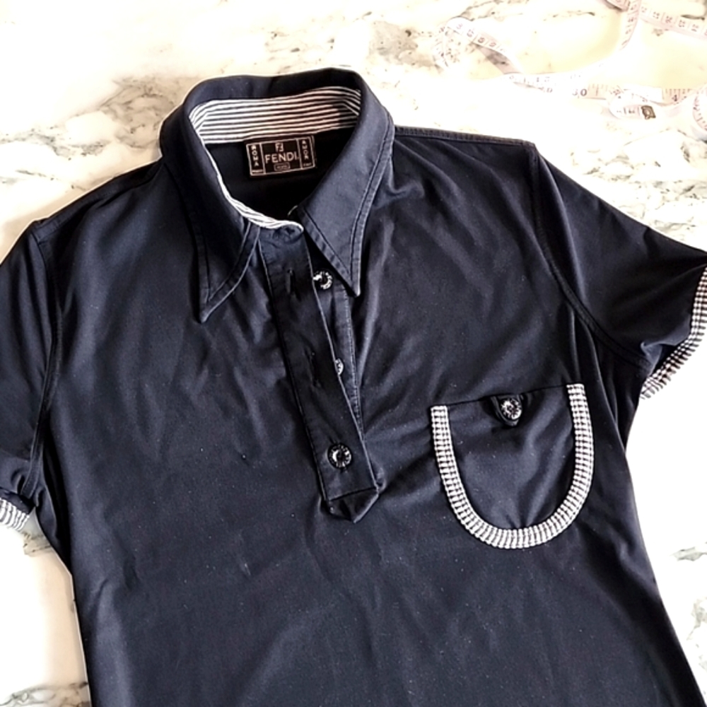 Fendi Roma Made in Italy Navy Polo Shirt Women’s IT 42 Contrast Stripe Trim - Picture 2 of 14